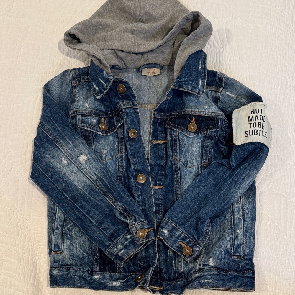 Zara Blue Denim Jacket with Gray Hood